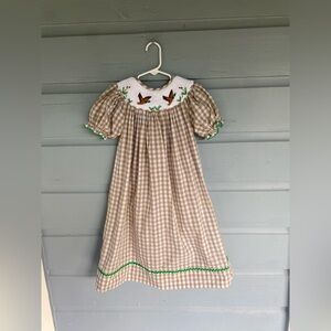 "Wild Duck" Smocked Mallard Duck Bishop Plaid Embroidery Tan Dress Sz 5